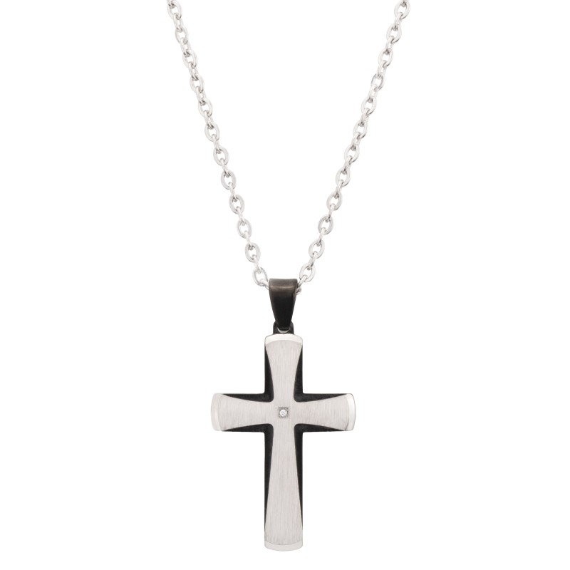 Traveller Kreuz - Anhänger mit Kette - Herren - Edelstahl - Zirkonia - Schwarz & Silber - Glänzend - 50+5cm - 181214