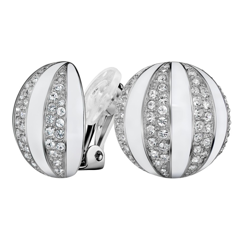 Traveller Clip-on Earrings - Silver Coloured - Crystals - White Enamel - Spherical - Platinum Plated - Ø 20mm - 157637