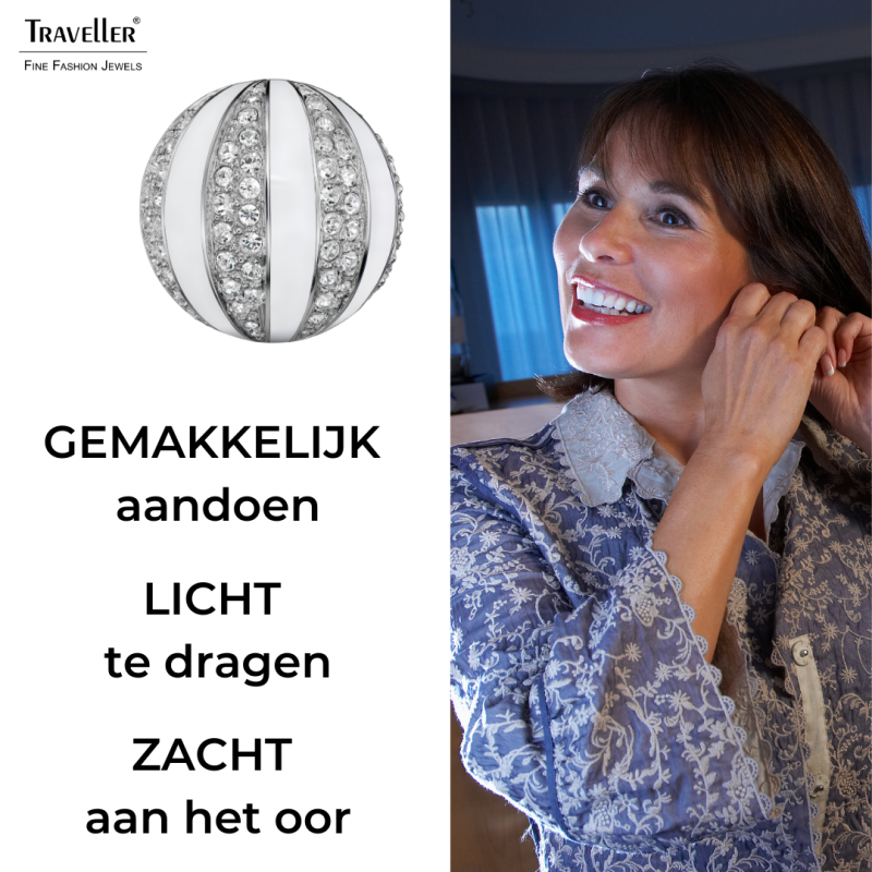 Traveller Clip Oorbellen - Zilverkleurig - Kristal - Wit Email - Bolvormig - Geplatineerd - Ø 20mm