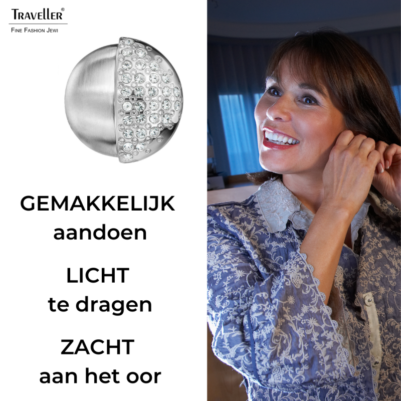 Traveller Clip Oorbellen - Zilverkleurig - Mat en Glanzend - Kristal - Geplatineerd - 20x19 mm