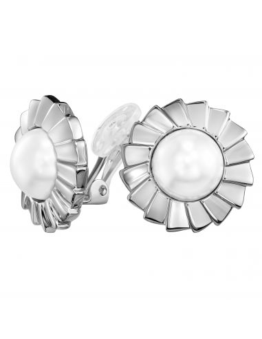 Traveller Clip-on Earrings - Silver Coloured - Pearls - 10 mm - Whiite - Platinum Plated - Flower - 19 mm - 114270