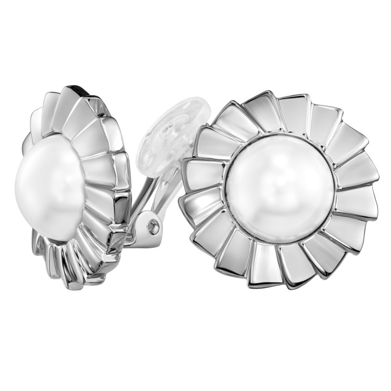 Traveller Ohrclips - Silberfarben - Perle - 10 mm - Weiß - Platiniert - Blume - 19 mm - 114270