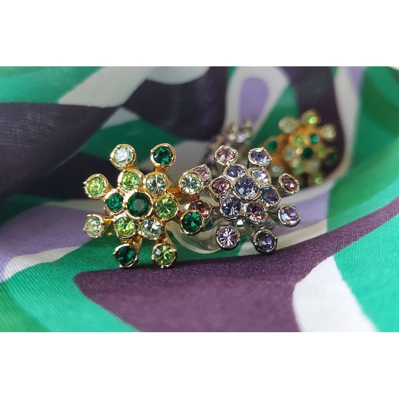 Traveller Clip Oorbellen - Verguld - Kristallen - Groen - Bloem - 17 mm - 157548