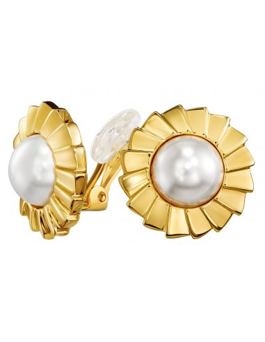 Traveller Clip-on Earrings - Gold Coloured - Pearls - 10 mm - White - Gold Plated - Flower - 19 mm - 114269 
