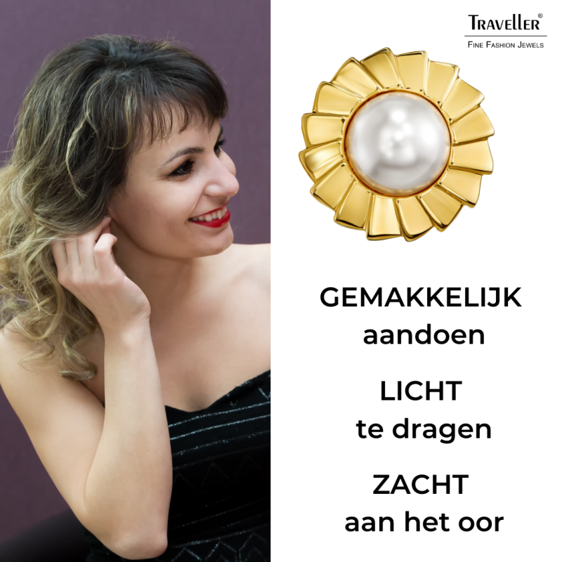 Traveller Clip Oorbellen - Verguld - Parels - 10 mm - Wit - Bloem - 19 mm - 114269