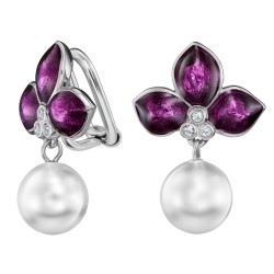 Traveller Clip Oorbellen - Hangers - Geplatineerd - Parels - 10mm - Wit - Kristallen - Paars Email - 26x18 mm