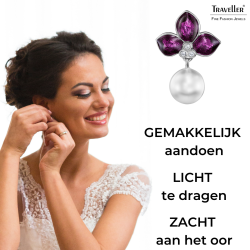 Traveller Clip Oorbellen - Hangers - Geplatineerd - Parels - 10mm - Wit - Kristallen - Paars Email - 26x18 mm - 114263