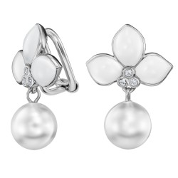 Traveller Clip Oorbellen - Hangers - Geplatineerd - Parels - 10mm - Wit - Kristallen - Wit Email - 26x18 mm - 114261