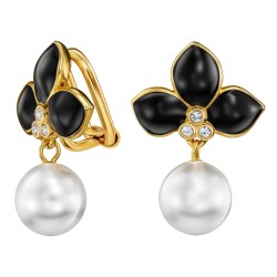 Traveller Clip Oorbellen - Hangers - Verguld - Parels - 10mm - Wit - Kristallen - Zwart Email - 26x18 mm - 114260