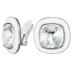 Traveller Clip Oorbellen - Zilverkleurig - Kristal - Wit Email - Vierkant - Geplatineerd - 18x18 mm - 157634