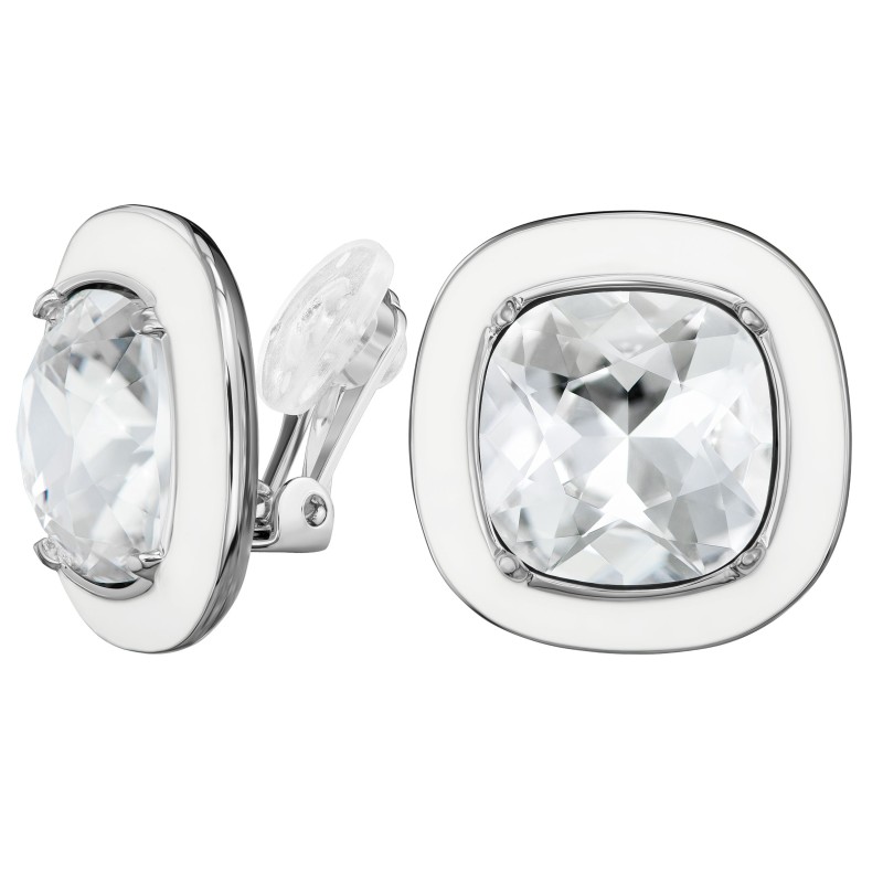 Traveller Ohrclips - Silberfarben - Kristall - Weißes Emaille - Quadratisch - Platiniert - 18x18 mm - 157634