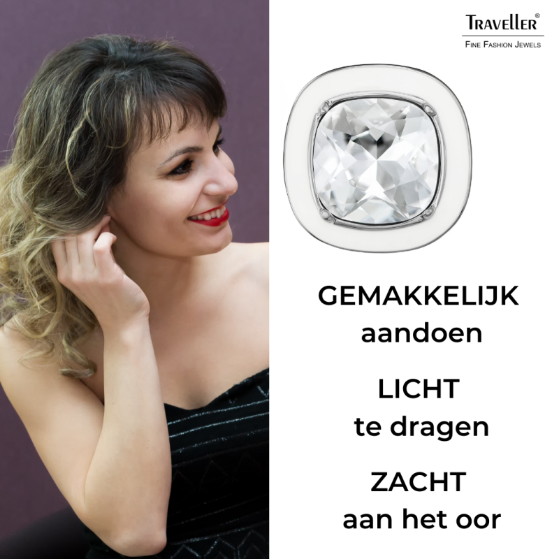 Traveller Clip Oorbellen - Zilverkleurig - Kristal - Wit Email - Vierkant - Geplatineerd - 18x18 mm