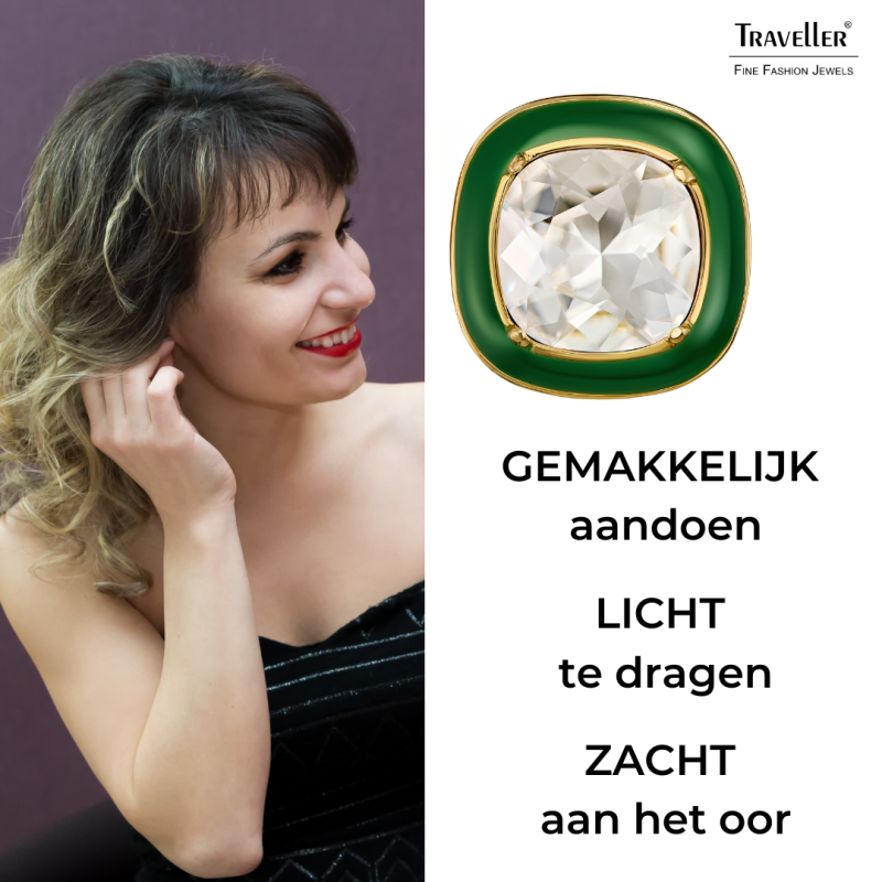 Traveller Clip Oorbellen - Verguld - Kristal - Groen Email - Vierkant - 18 x 18 mm