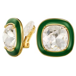 Traveller Clip Oorbellen - Verguld - Kristal - Groen Email - Vierkant - 18 x 18 mm