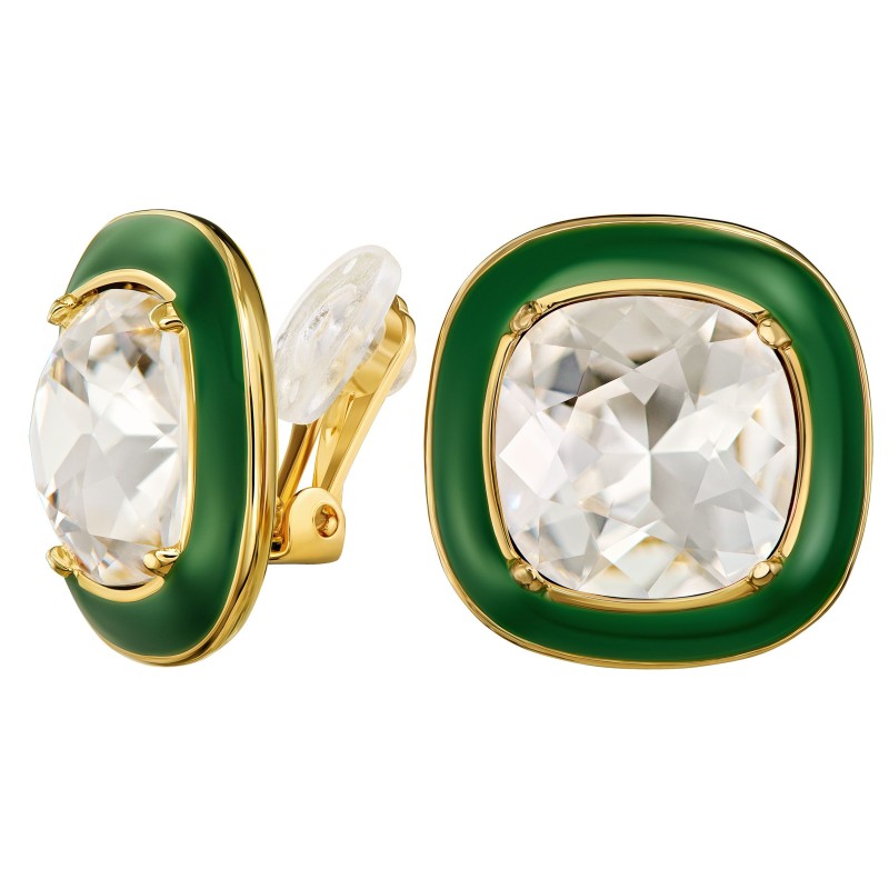 Traveller Clip Oorbellen - Verguld - Kristal - Groen Email - Vierkant - 18 x 18 mm - 157633