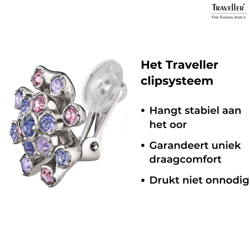 Traveller Clip Oorbellen - Zilverkleurig - Kristallen - Violet/ Paars - Bloem - Geplatineerd - 17 mm - 157549