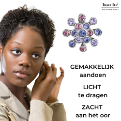 Traveller Clip Oorbellen - Zilverkleurig - Kristallen - Violet/ Paars - Bloem - Geplatineerd - 17 mm - 157549