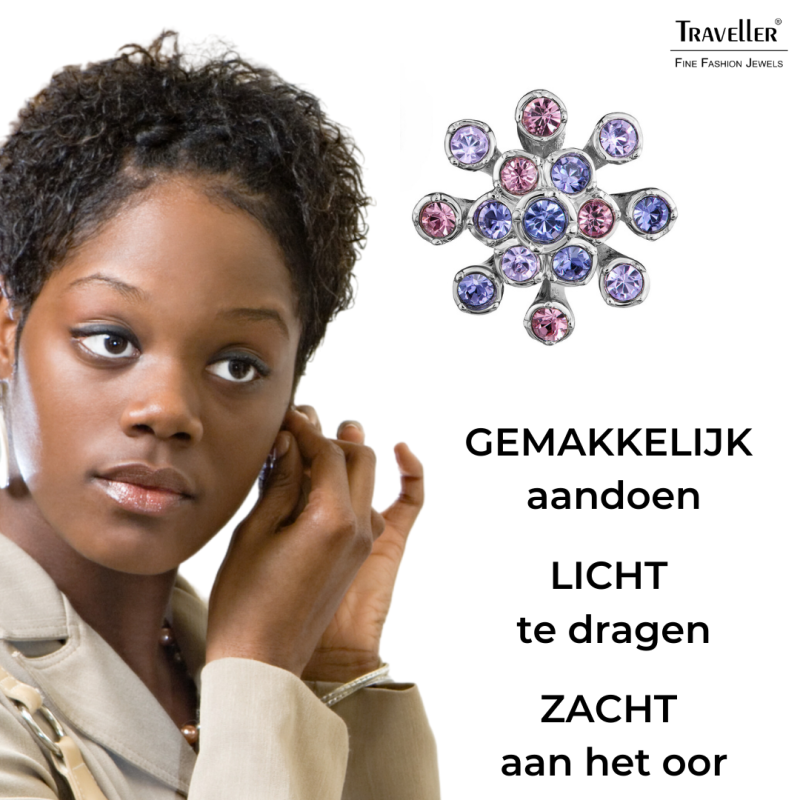 Traveller Clip Oorbellen - Zilverkleurig - Kristallen - Violet/ Paars - Bloem - Geplatineerd - 17 mm - 157549