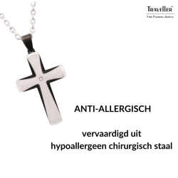 Traveller Kruis Ketting - Heren - Ketting Man - Zirkonia - Edelstaal & Zwart - 50+5cm lang