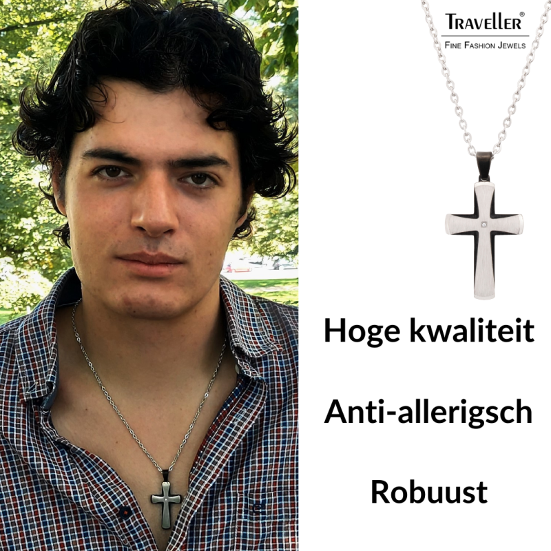 Traveller Kruis Ketting - Heren - Ketting Man - Zirkonia - Edelstaal & Zwart - 50+5cm lang