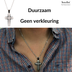Traveller Kruis Ketting - Heren - Ketting Man - Zirkonia - Edelstaal & Zwart - 50+5cm lang