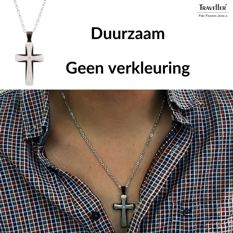 Traveller Cross Chain - Men - Necklace Men - Zirconia - Stainless Steel & Black - 50+5cm long
