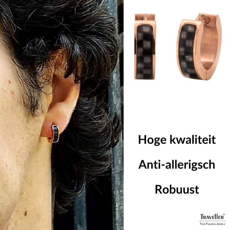 Traveller Oorringen- Heren - Edelstaal - Rosé Verguld - Carbon - Zwart / Grijs - Ø 14mm - 181256