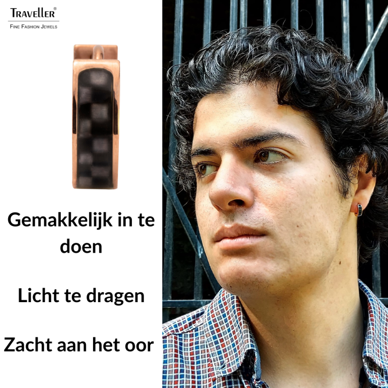 Traveller Oorringen- Heren - Edelstaal - Rosé Verguld - Carbon - Zwart / Grijs - Ø 14mm
