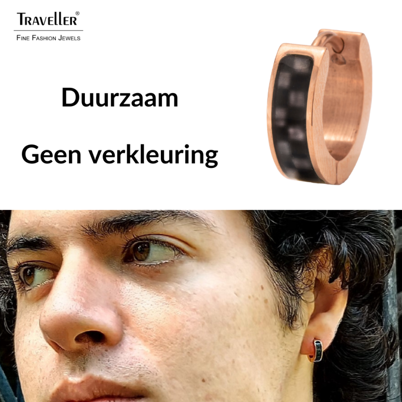 Traveller Oorringen- Heren - Edelstaal - Rosé Verguld - Carbon - Zwart / Grijs - Ø 14mm