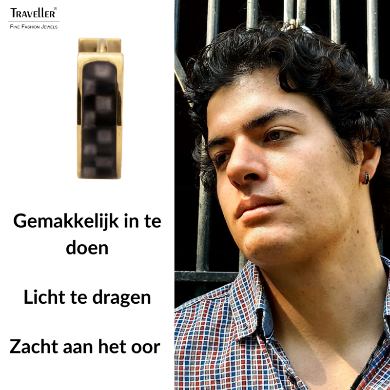 Traveller Oorringen - Heren - Edelstaal - Verguld - Carbon - Zwart / Grijs - Ø 14mm