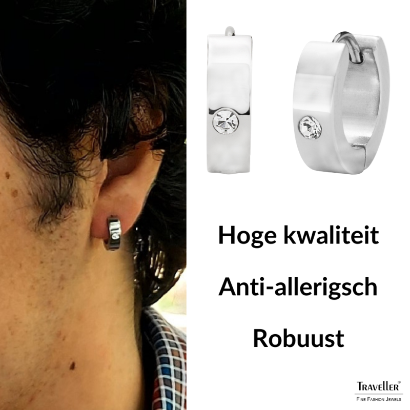 Traveller Oorringen - Heren - Edelstaal - Zirkonia - Zilverkleurig - 13 mm