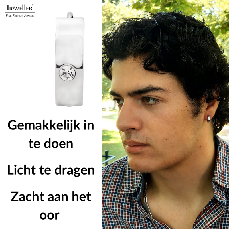 Traveller Oorringen - Heren - Edelstaal - Zirkonia - Zilverkleurig - 13 mm - 181259