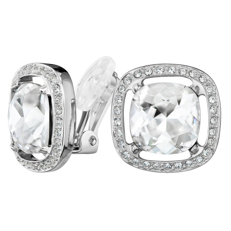 Traveller Clip Oorbellen - Zilverkleurig - Kristal - Geplatineerd - Vierkant - 15x15 mm - 157619