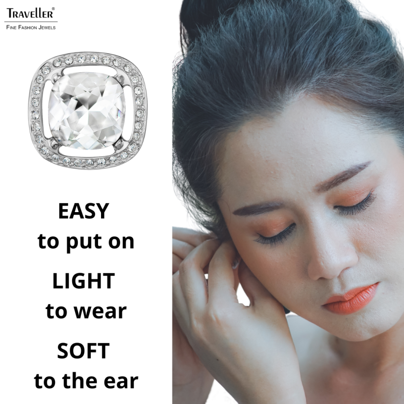 Traveller Clip-on Earrings - Silver Coloured - Crystals - Platinum Plated - Square - 15x15 mm