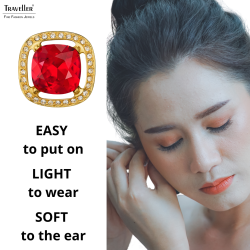 Traveller Clip-on Earings - 22ct Gold Plated - Crystals - Red - Square - Ø 15mm