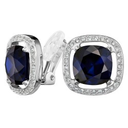 Traveller Clip-on Earrings - Silver Coloured - Crystals - Blue - Square - Platinum Plated - Ø 15mm