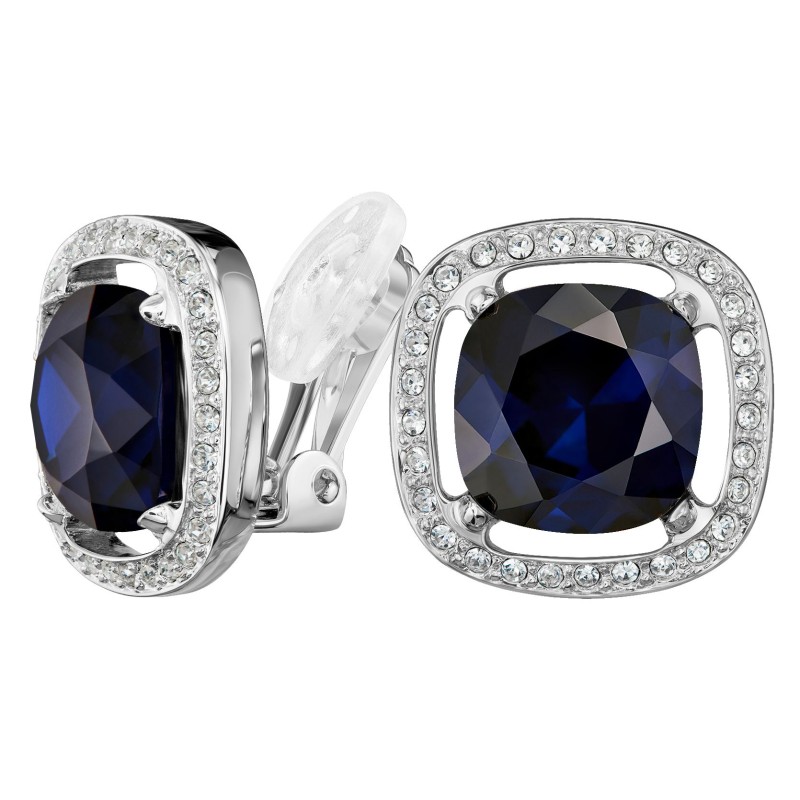Traveller Clip-on Earrings - Silver Coloured - Crystals - Blue - Square - Platinum Plated - Ø 15mm - 157621