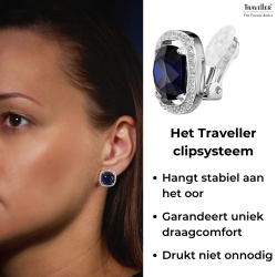 Traveller Clip Oorbellen - Zilverkleurig - Kristal - Blauw - Indigo - Vierkant - Geplatineerd - Ø 15mm