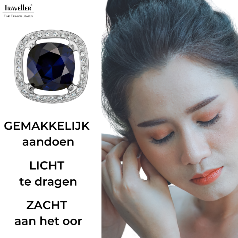 Traveller Clip Oorbellen - Zilverkleurig - Kristal - Blauw - Indigo - Vierkant - Geplatineerd - Ø 15mm