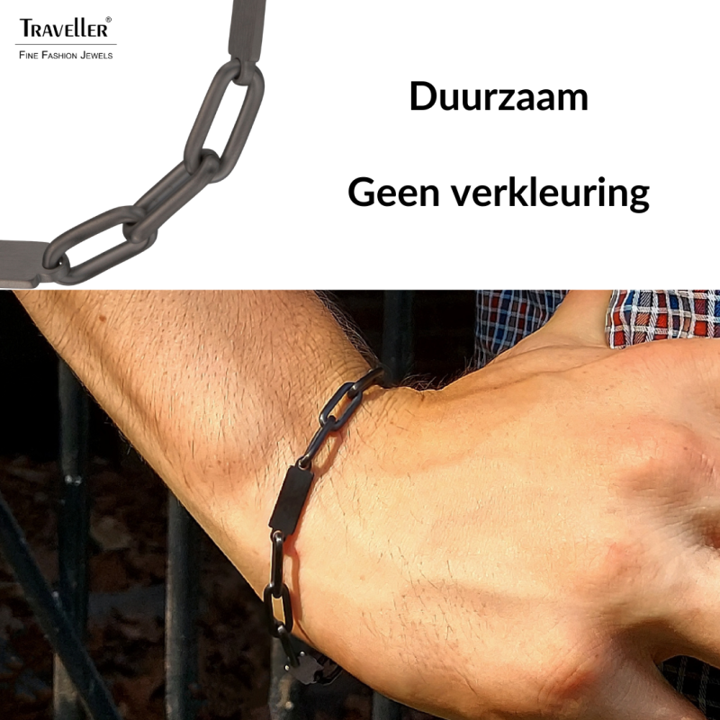 Traveller Armband Heren - Edelstaal - Zwart - Mat - Schakels - 22 cm