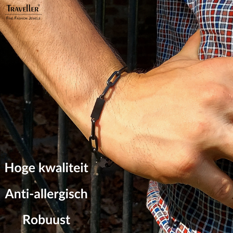 Traveller Armband Heren - Edelstaal - Zwart - Mat - Schakels - 22 cm