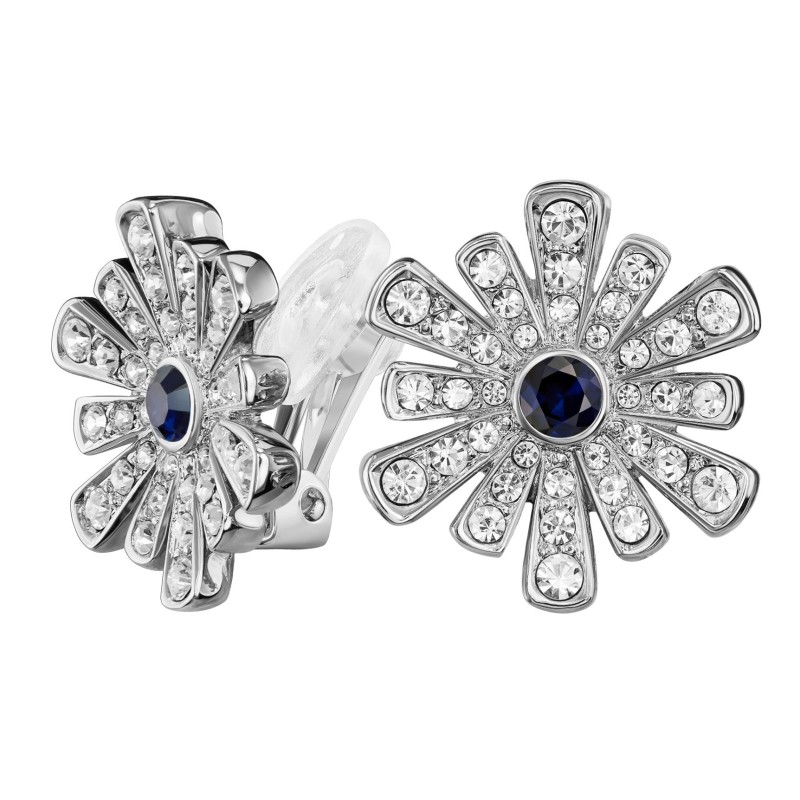 Traveller Clip Oorbellen - Zilverkleurig - Kristal - Blauw Bloemhart - Bloemvormig - Geplatineerd - Ø 15mm - 157605