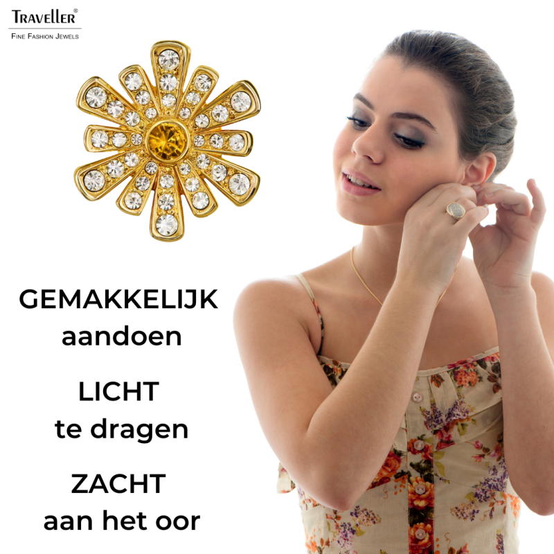 Traveller Clip Oorbellen - 22kt Verguld - Kristal - Bruin Bloemhart - Bloemvormig - Ø 15mm - 157603