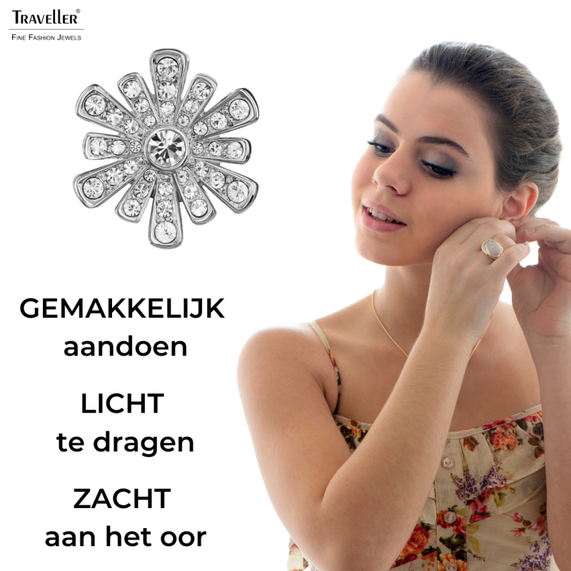 Traveller Clip Oorbellen - Zilverkleurig - Kristal - Geplatineerd - Bloemvormig - Ø 15mm