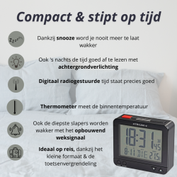 ATRIUM wekker - Radiogestuurd - Digitaal - Zwart - Licht - Snooze - Opbouwende Pieptoon Alarm