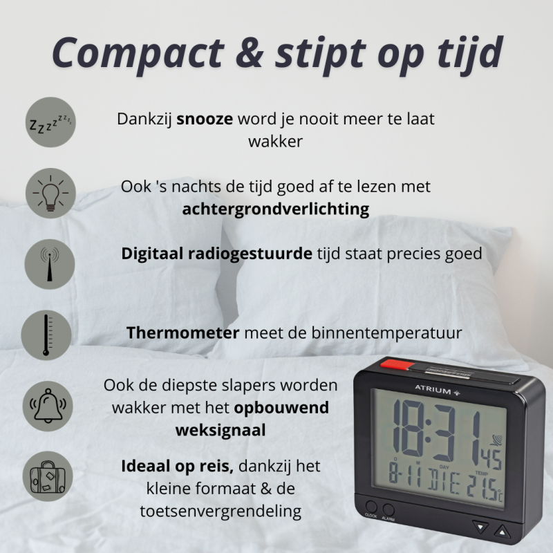 ATRIUM wekker - Radiogestuurd - Digitaal - Zwart - Licht - Snooze - Opbouwende Pieptoon Alarm