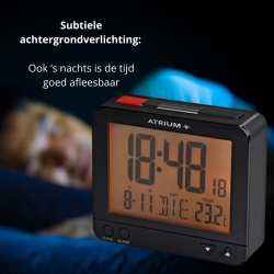 ATRIUM wekker - Radiogestuurd - Digitaal - Zwart - Licht - Snooze - Opbouwende Pieptoon Alarm