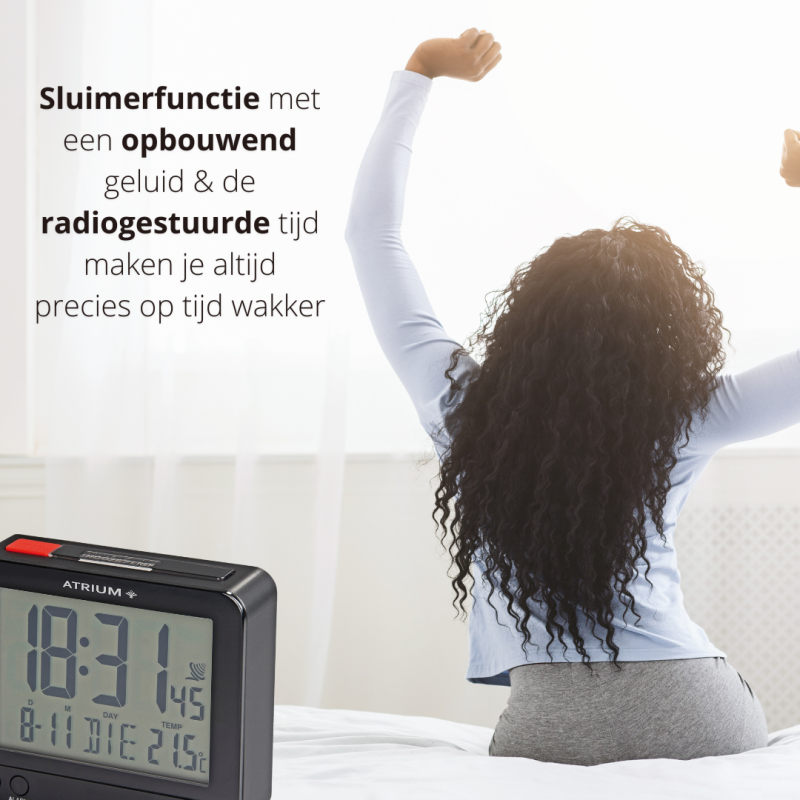 ATRIUM Alarm Clock - Radio-controlled - Digital - Black - Light - Snooze - Build-up Beep Tone