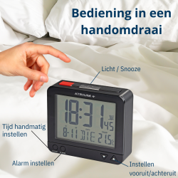 ATRIUM Alarm Clock - Radio-controlled - Digital - Black - Light - Snooze - Build-up Beep Tone