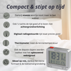 ATRIUM wekker - Radiogestuurd - Digitaal - Zilver - Licht - Snooze - Opbouwende pieptoon Alarm